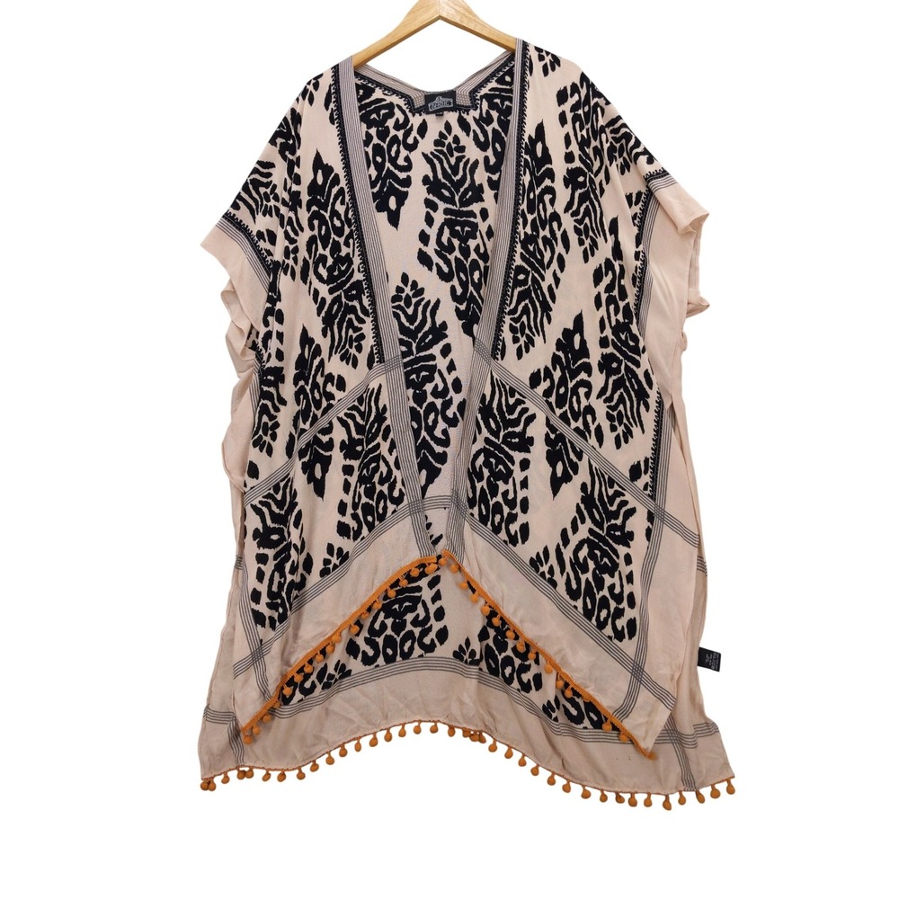 Angie Kimono Wrap Womens One Size Tan Black Damask Leopard Print Pom Pom Trim